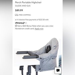 Guzzie & Gus Perch Portable Highchair in Salt & Pepper color, new in box